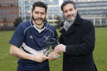 Phil Maffettone of Oxford recieve his man of the match award during the RCMA Varsity Rugby League game between Cambridge University and Oxford University at the HAC Ground, Moorgate, London on Fri Mar 9, 2018