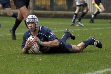 Marco Hiscox touches down for a try for Oxford during the RCMA Varsity Rugby League game between Cambridge University and Oxford University at the HAC Ground, Moorgate, London on Fri Mar 9, 2018