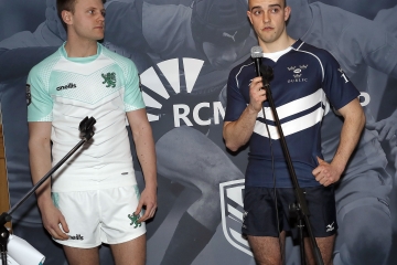 The two captains during the RCMA Varsity Rugby League game between Cambridge University and Oxford University at the HAC Ground, Moorgate, London on Fri Mar 9, 2018