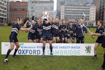 Oxford Univeristy celebrate at the end of the RCMA Varsity Rugby League game between Cambridge University and Oxford University at the HAC Ground, Moorgate, London on Fri Mar 9, 2018