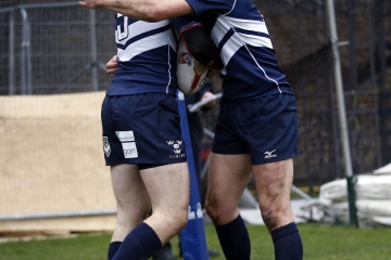 John Wylde (L) congratulated on his try for Oxford the RCMA Varsity Rugby League game between Cambridge University and Oxford University at the HAC Ground, Moorgate, London on Fri Mar 9, 2018